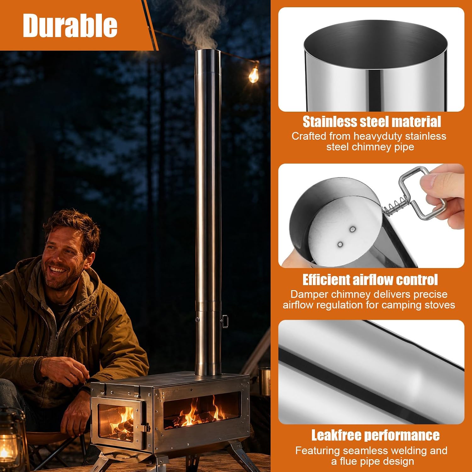 Stainless Steel Chimney Pipe with Adjustable Damper, 3 Inch