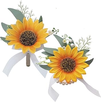 Artificial Sunflower Boutonniere,Bride Groom Bridesmaid Wedding Flower Corsage Set,Formal Party and Vintage Wedding.1 Sunflower Boutonniere & 1 Sunflower Wrist Corsage