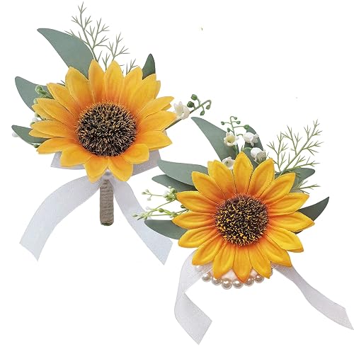 Artificial Sunflower Boutonniere,Bride Groom Bridesmaid Wedding Flower Corsage Set,Formal Party
