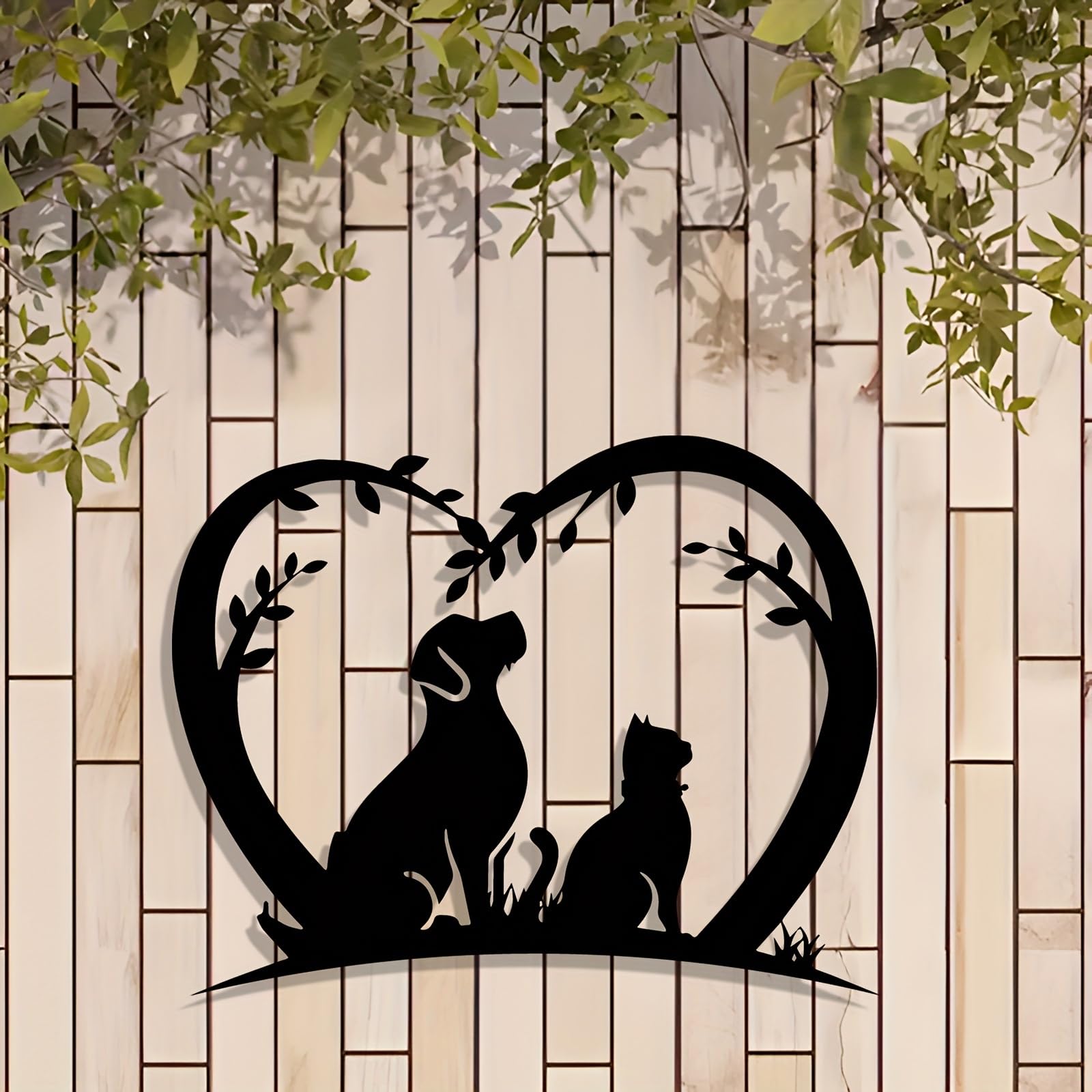 Decoración de pared abstracta contemporánea de metal con ramas de árbol y siluetas de mascotas, mural de escultura activa para interiores y exteriores, ideal para jardín, patio, sala de estar, ba