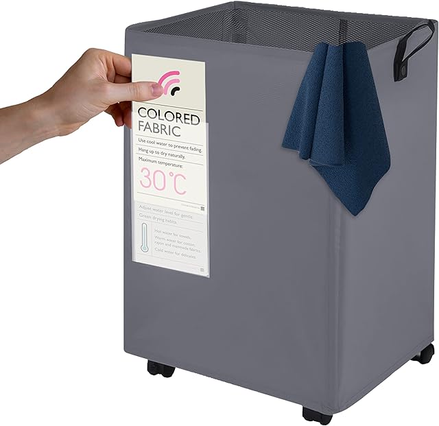 KNIGHT Light Weight Laundry Basket, 60L Collapsible Laundry Bag on Wheels, Mesh Cover & PU Leather Handles | Laundry Hamper | Folding Portable Washing | Storage Bin Durable Fabric | Washing (Grey)
