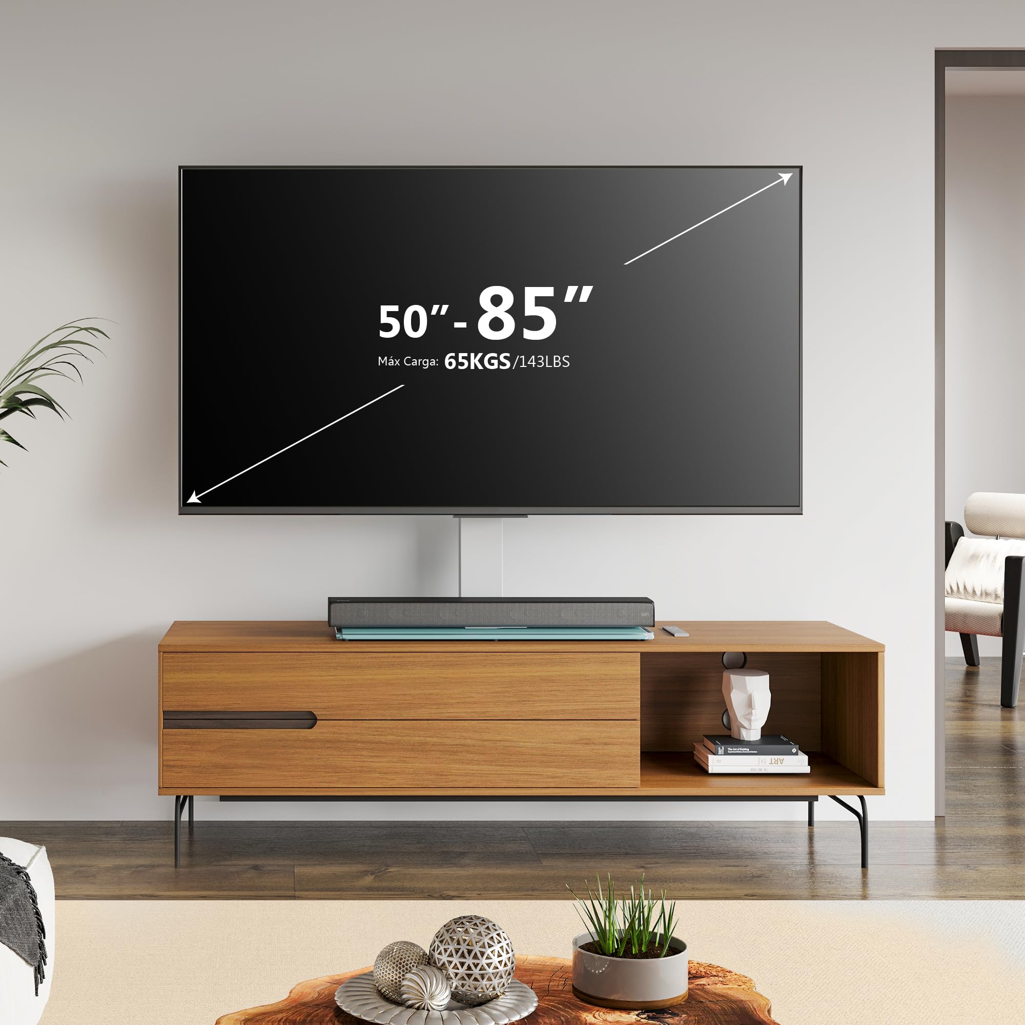FITUEYES Soporte TV Pie Blanco para Pantalla de 50 a 85 Pulgadas hasta 50kg, Soporte TV Universal con Base de Crista, Altura Ajustable & Giratorio, MAX VESA 600x800mm Carga 50kg