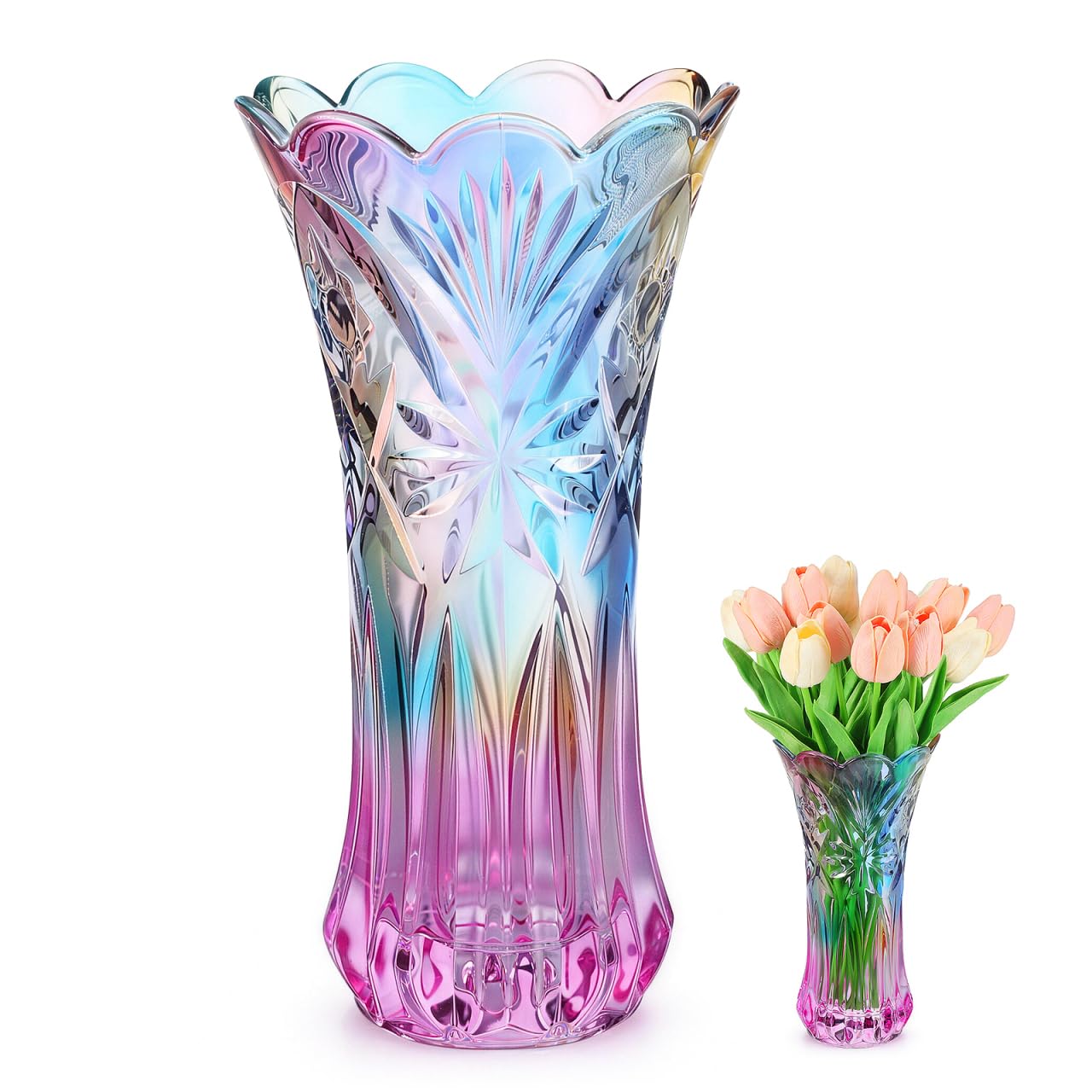 Mikikit 24cm Crystal Glass Vase for Flowers - Iridescent Rainbow Floral Holder Decorative Colorful Ornament for Living Room Table Centerpiece Modern Tall Plant Container Wedding Home Workplace