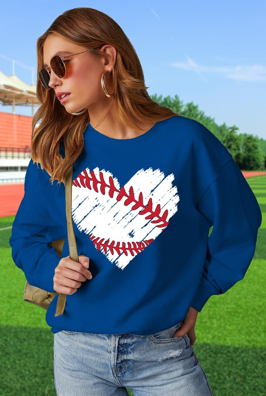 ELDPS Baseball Sweatshirt for Women: Baseball Heart Graphic Tee Shirt Funny Game Day Pullover Long Sleeve Tops