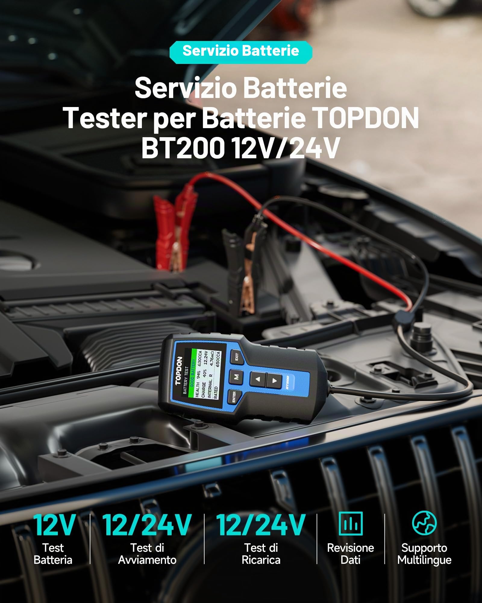 TOPDON Tester Batteria Auto BT200, 12V 24V 100-2000 CCA Tester per Batterie, con Test della Batteria, del Caricatore e dell'Accensione per Auto Moto Barche SUV e Camion, 2,4 pollici