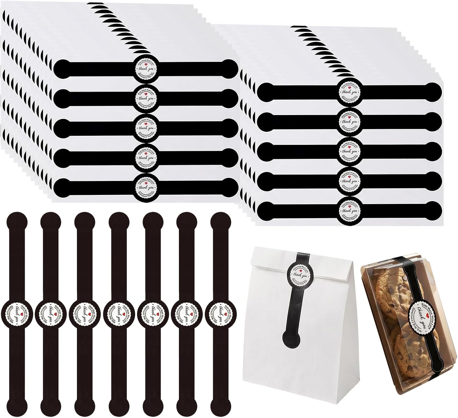 100 Pcs Food Retail Package Seal Stickers, Black Self-Adhesive Labels, Baking Gift Box Sticker for Food Packaging, Thankyou Baking Containers & Dessert Lids
