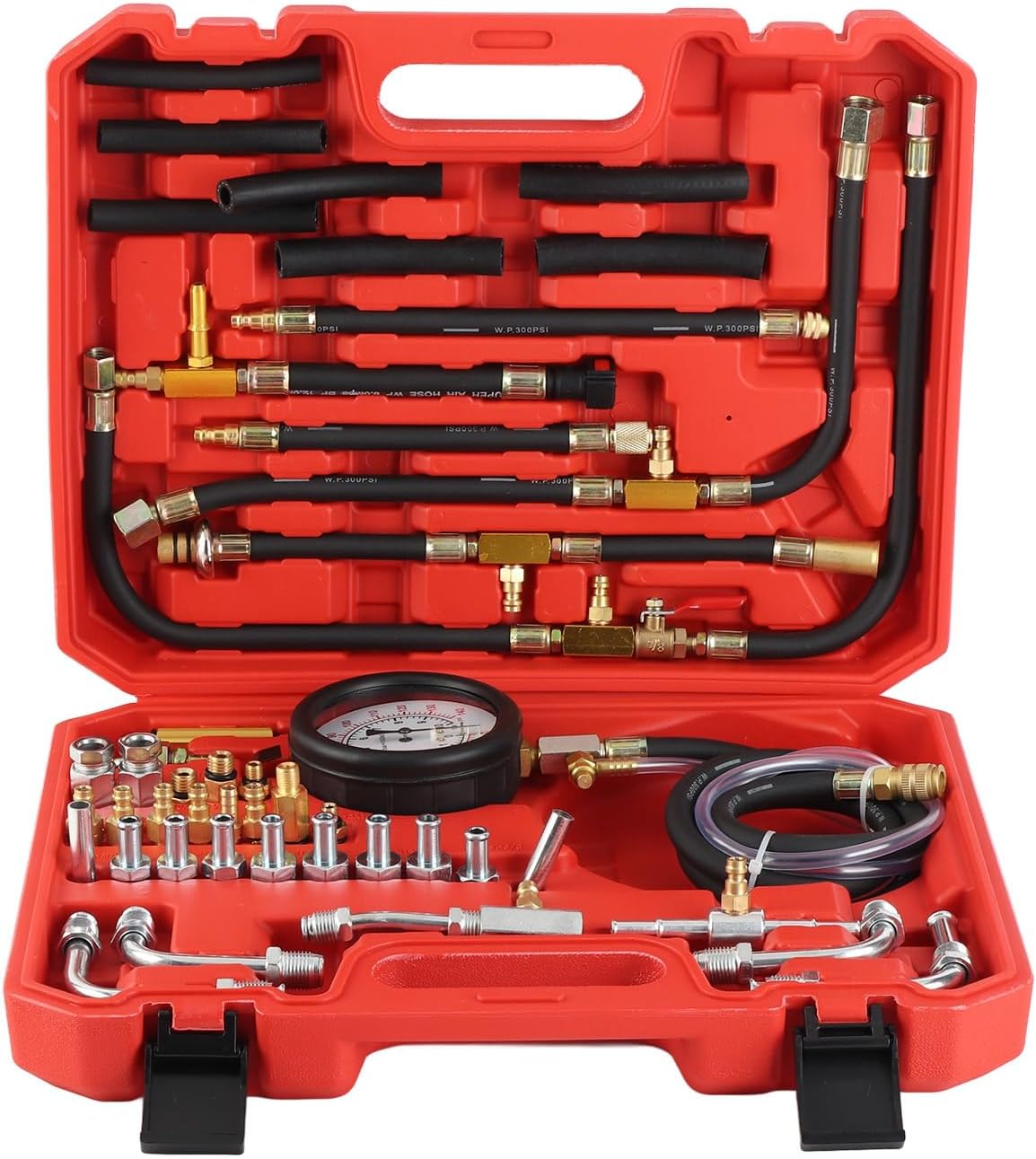 Fuel Injection Pressure Tester Kit TU443-0 - 140 PSI and 0-10 Bar Fuel Pressure Gauge for Gasoline Engines - Includes Brass Adapters and Storage Case - Compatible with