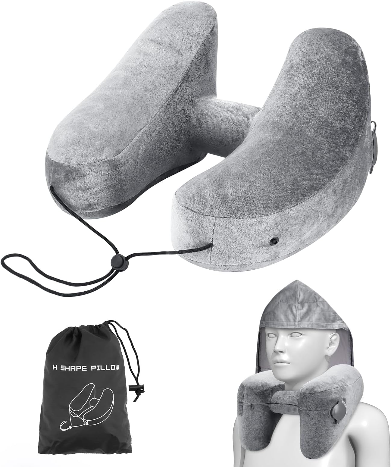 BeowanzkTravel Neck Pillows for Adults, Inflatable Travel Pillow for Airplane with Hoodie, Soft Inflatable Travel Neck Pillow for Cars, Sleeping Pillow for Car and Plane Travel