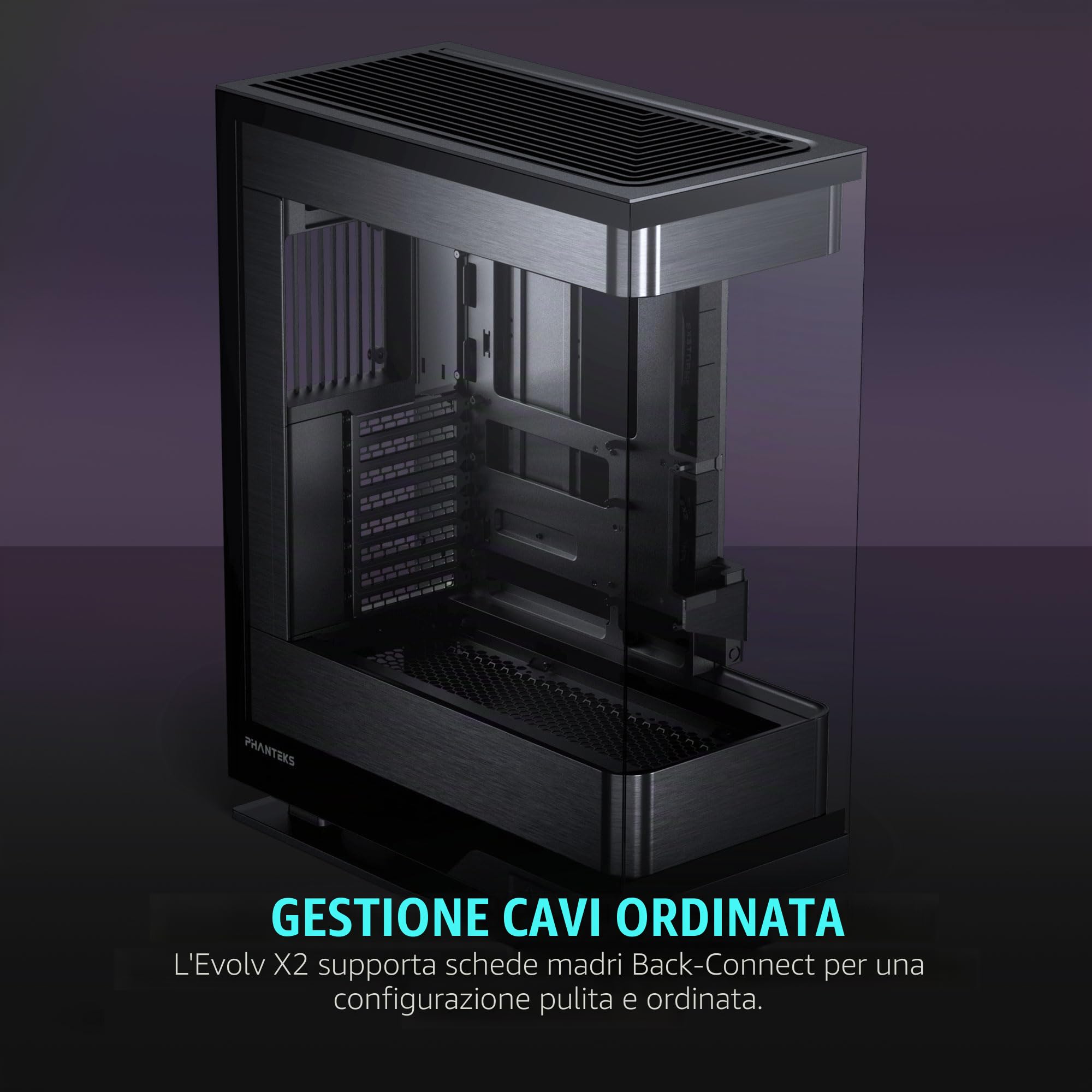 Phanteks Evolv X2, telaio di gioco a metà torre, sistema di raffreddamento verticale, telaio in vetro temperato trasparente, pannello interno in alluminio spazzolato con illuminazione D-RGB integrata,