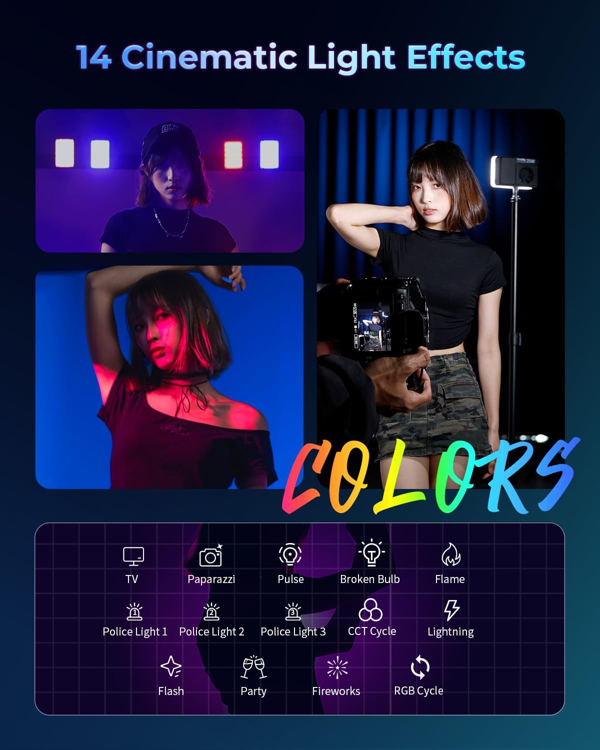 Lampă video mini LED RGB SmallRig RM 25C care demonstrează diverse efecte de iluminare cinematografică