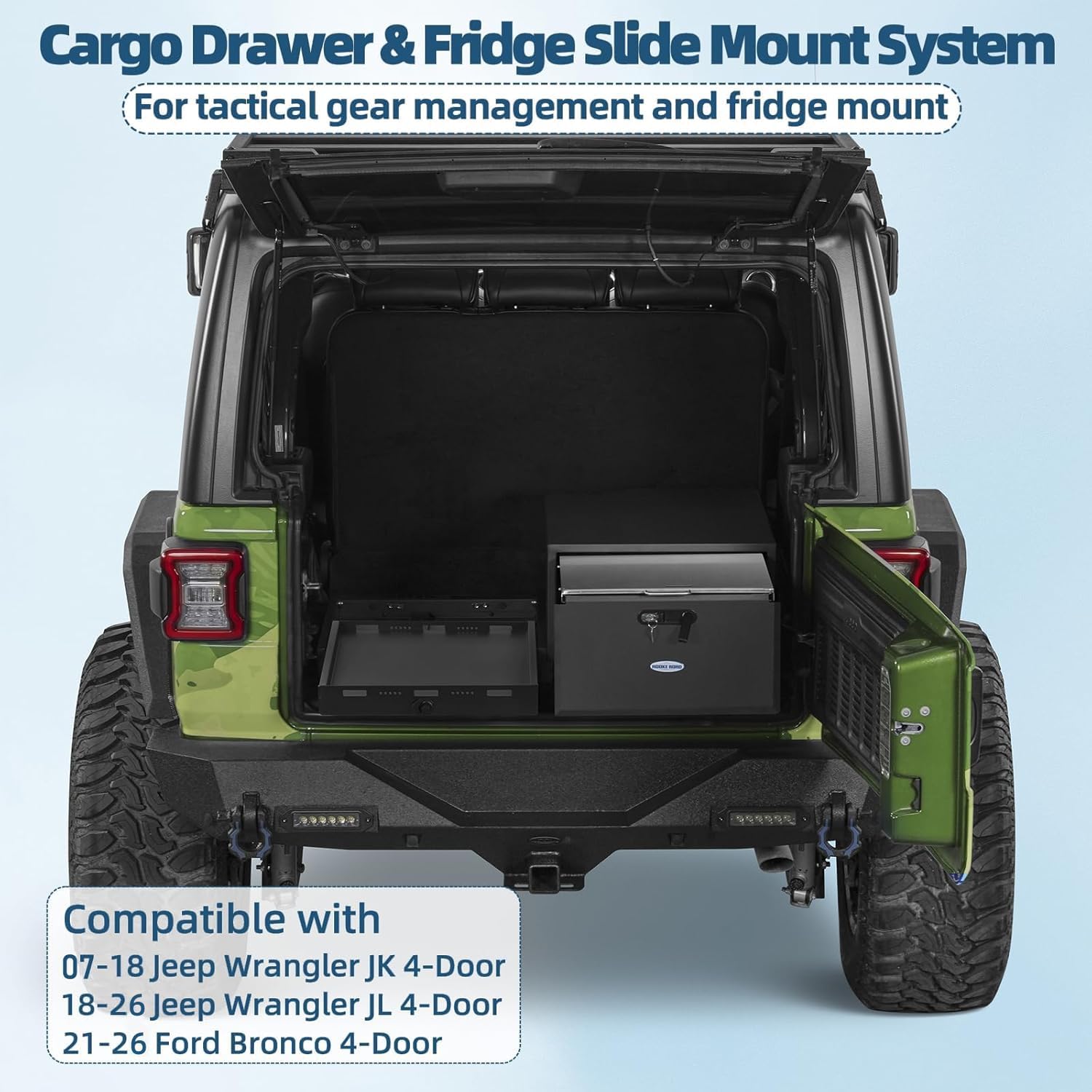 Hooke Road JK JL Bronco Trunk Storage Organizer & Fridge Slide Mount for 2007-2026 Jeep Wrangler JK JL 4-Door & 2021-2026 Ford Bronco 4-Door, Lockable Cargo Drawer Sliding Out Fridge Tray
