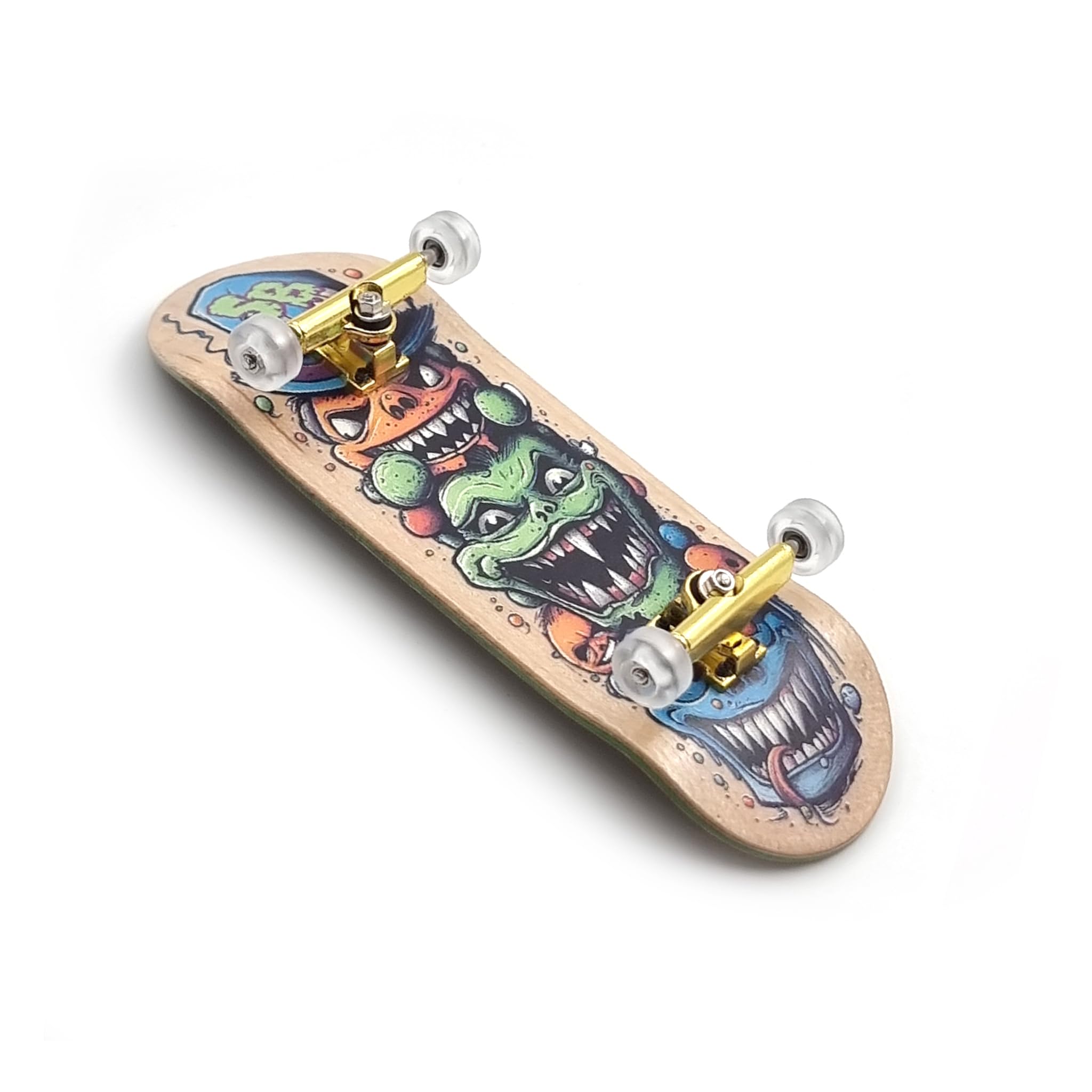 SPITBOARDS® 32 x 96 mm Fingerboard Complete Wood Set-Up Assembled, 5-Layers, Silver Trucks with Bushings and Nuts, Transparent CNC Bearing Wheels, Lasered Foam Grip Tape Mad Stake