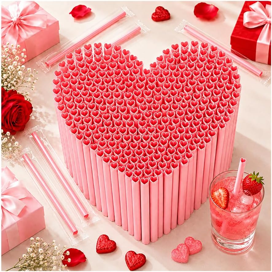 100 PCS Heart Shaped Straws, Individually Wrapped Pink Plastic Drinking Straws, 23 cm Disposable Cute Straws for Valentine's Day Wedding Bachelorette Birthday Party Decorations