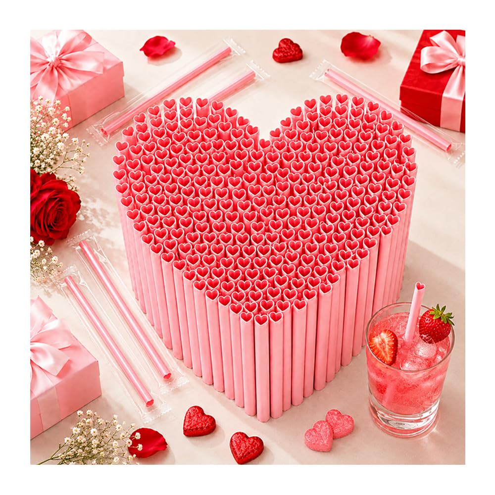 Photo 1 of 100 PCS Heart Shaped Straws, Individually Wrapped Pink Plastic Drinking Straws, 23 cm Disposable Cute Straws for Valentine's Day Wedding Bachelorette Birthday Party Decorations