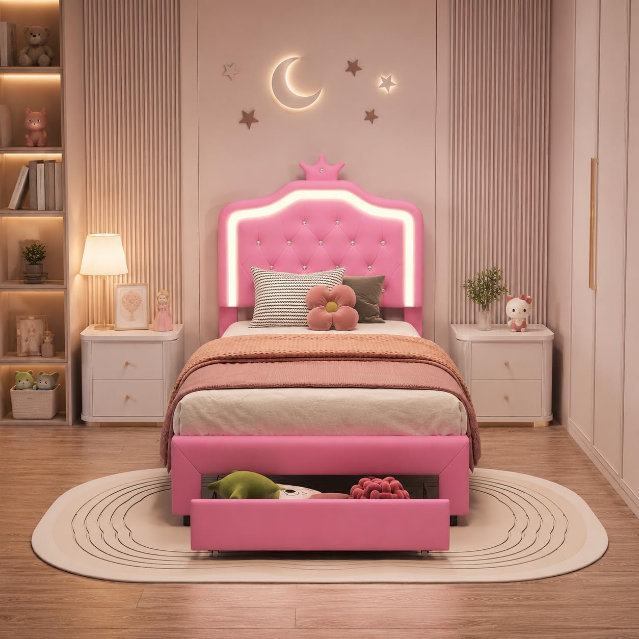 Cama para Niña 90x200 con LED RGB, Regulable en Altura, Cama Individual con contenedor, Cama Infantil, en Forma de Corona, Somier de Láminas de Madera, PU, Sin colchón (Rose-C, 90x200 cm)