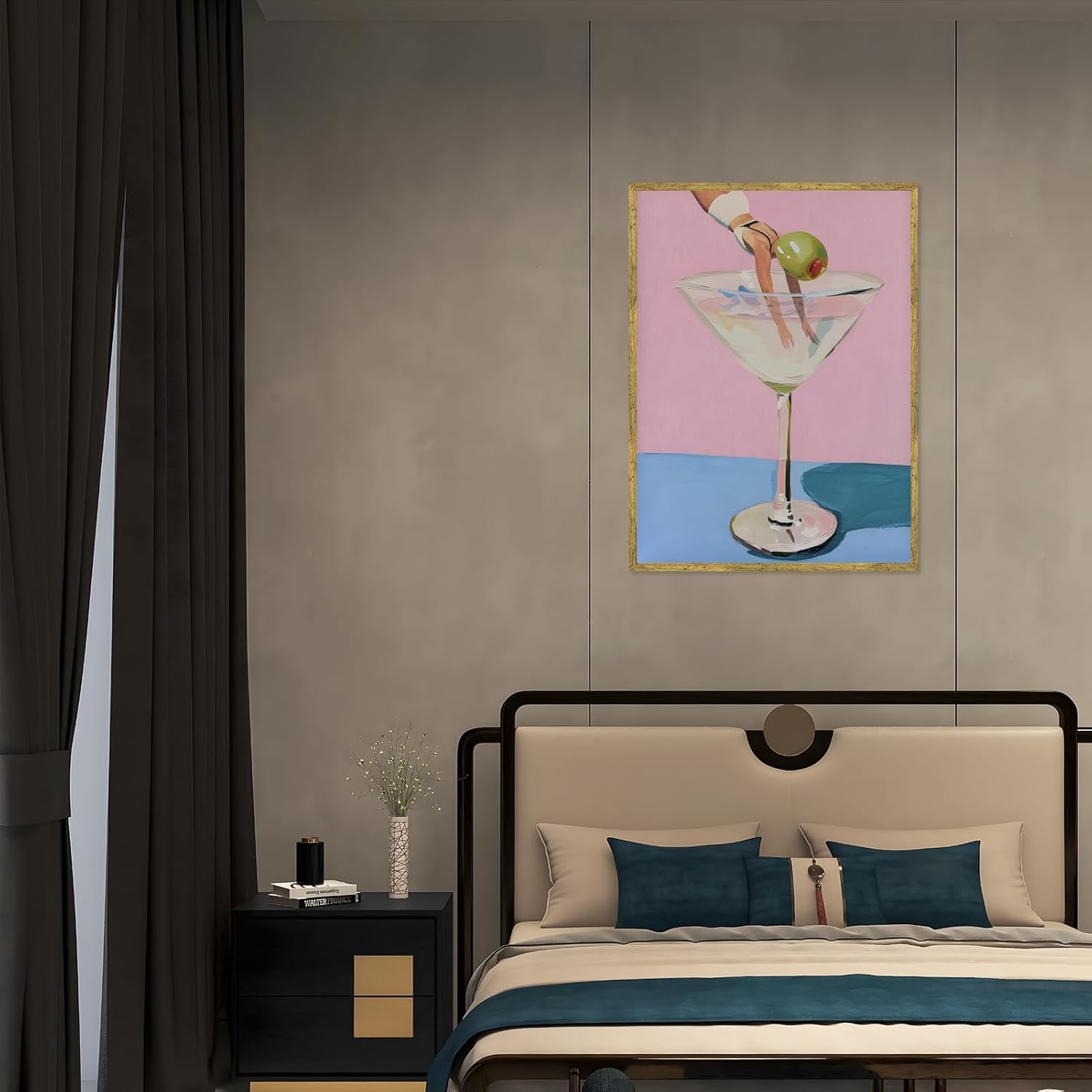 Martini Olive Girl Poster Cocktail Wall Art Bar Wall Decor Playful Canvas Print For Kitchen Game Room Bar16x24inch Golden frame