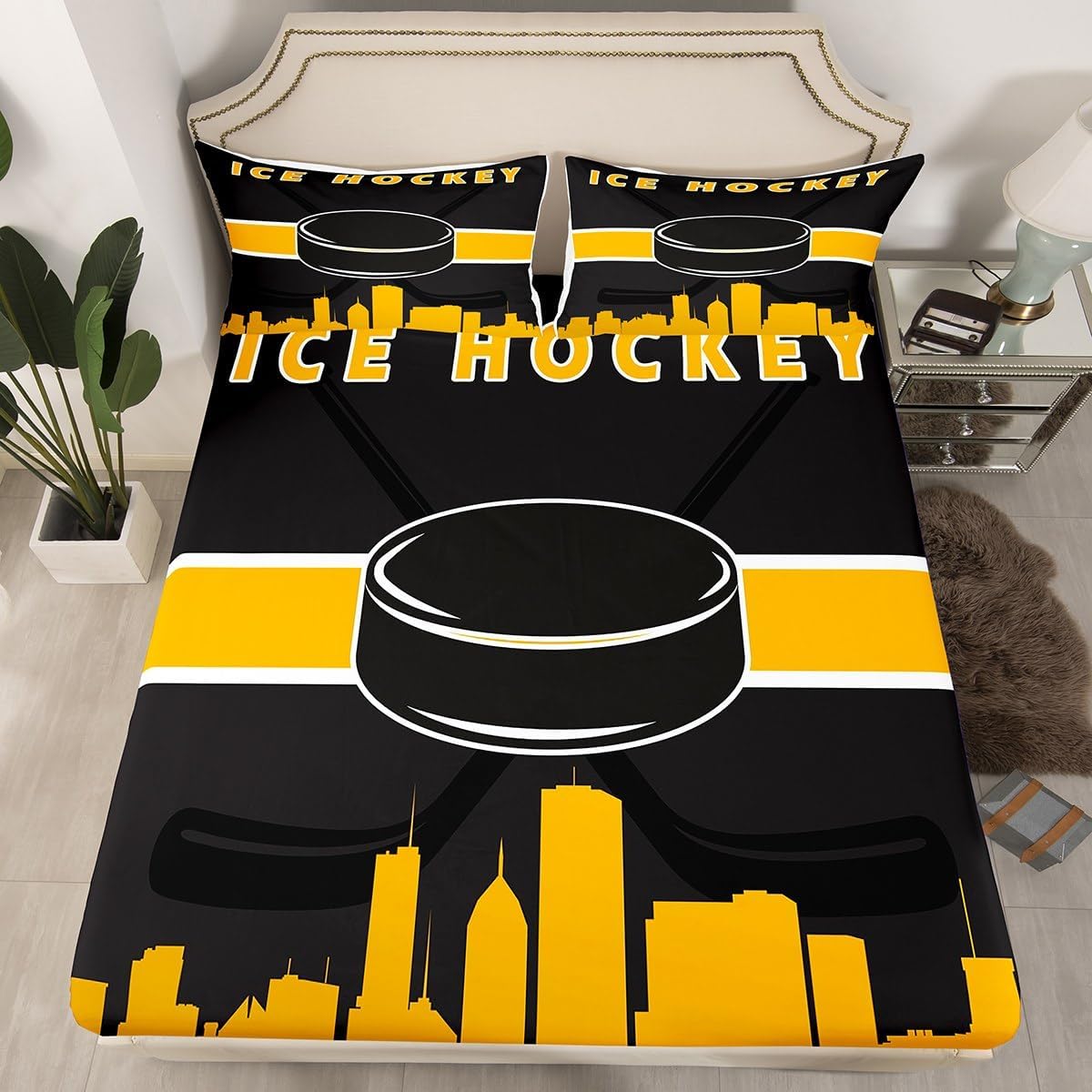 Erosebridal Little Boys Twin Fitted Sheet Ice Hockey Sheets for Toddler Kids, Sports Gamer Bed Sheets Video Game Gaming Bed Cover, Black Purple