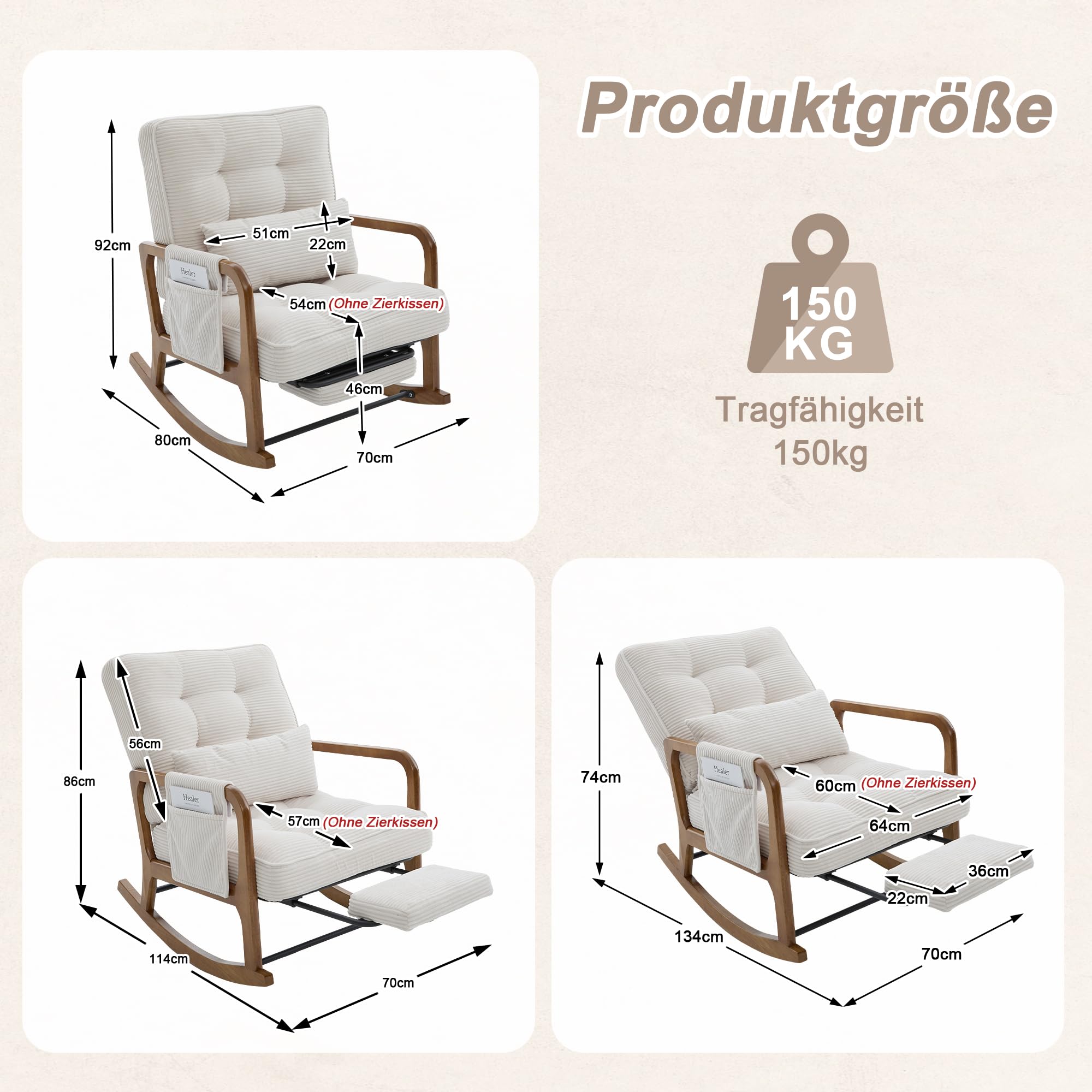 Fotel bujany z podnóżkiem, fotel do pokoju dziecięcego, krzesło relaksacyjne, beżowy | Wysuwany podnóżek, materiał sztruksowy, kieszeń boczna, regulowane ergonomiczne oparcie, nośność 150 kg, do salonu