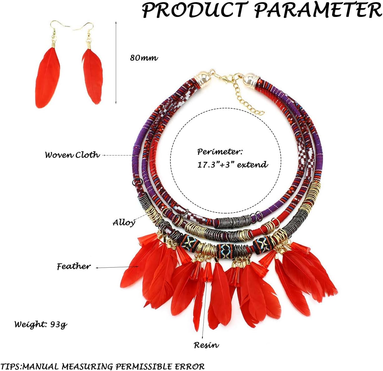Tribal Choker Necklace and Feather Earrings Set for Women,Boho Chunky Layered Bib Necklace African Ethnic Necklace,Woven Layering Collar Necklace Cleopatra Costumes Statement Fashion Jewelry - Image 7