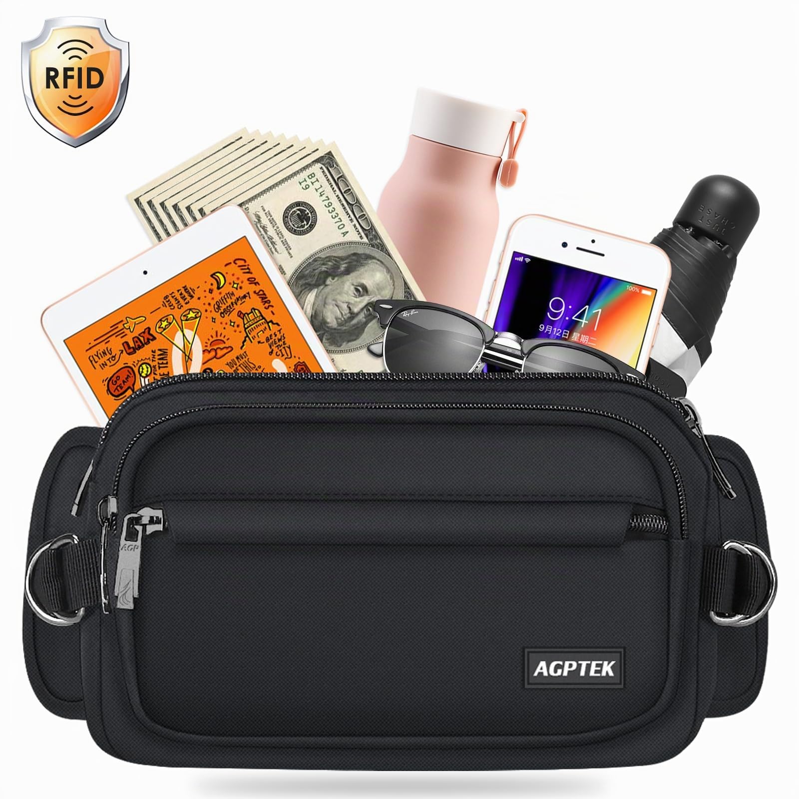AGPTEK Marsupio Sportivo Uomo Donna 5 Tasche Lavoro Grande RFID Portasoldi Cintura Regolabile Corsa Campeggio Viaggio