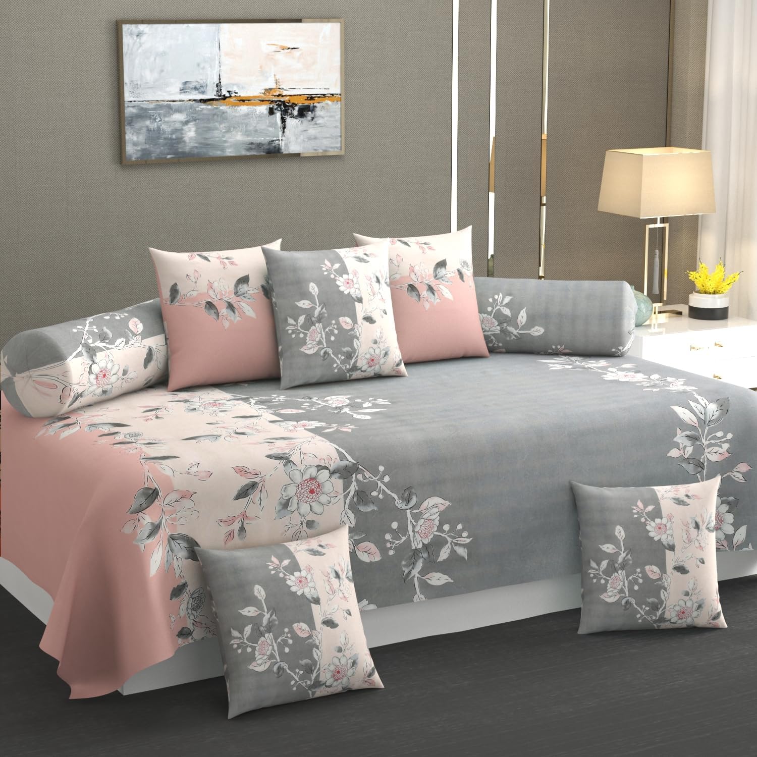 Vaini Heavy Cotton 8 Pieces Diwan Set |1 Single Bedsheet, 2 Bolster Covers, 5 Cushion Covers | - Pink Tricolor-image-49