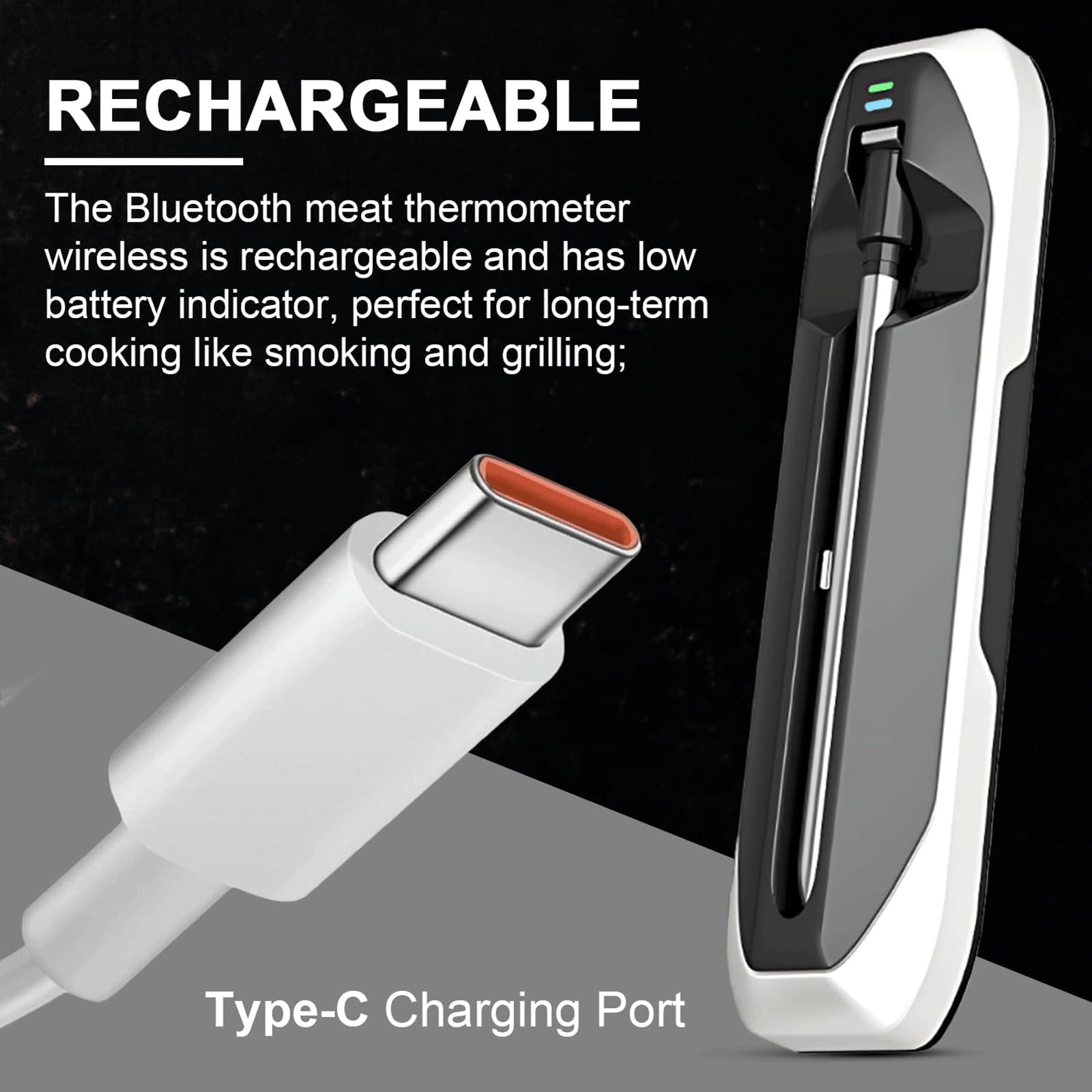 KRILLIQ Termómetro para Carne controlado por aplicación Bluetooth, termómetro para Barbacoa, termómetro LCD de Lectura instantánea Recargable para Parrilla y Cocina