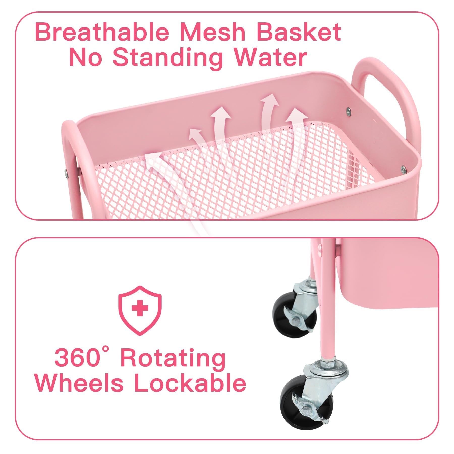 Carrellos Estetista Carrello Portaoggetti in Metallo A 3 Ripiani su Ruote, Salvaspazio E Durevole, per Cucina, Trucco, Bagno, Ufficio Carrello Parrucchieri(Pink)