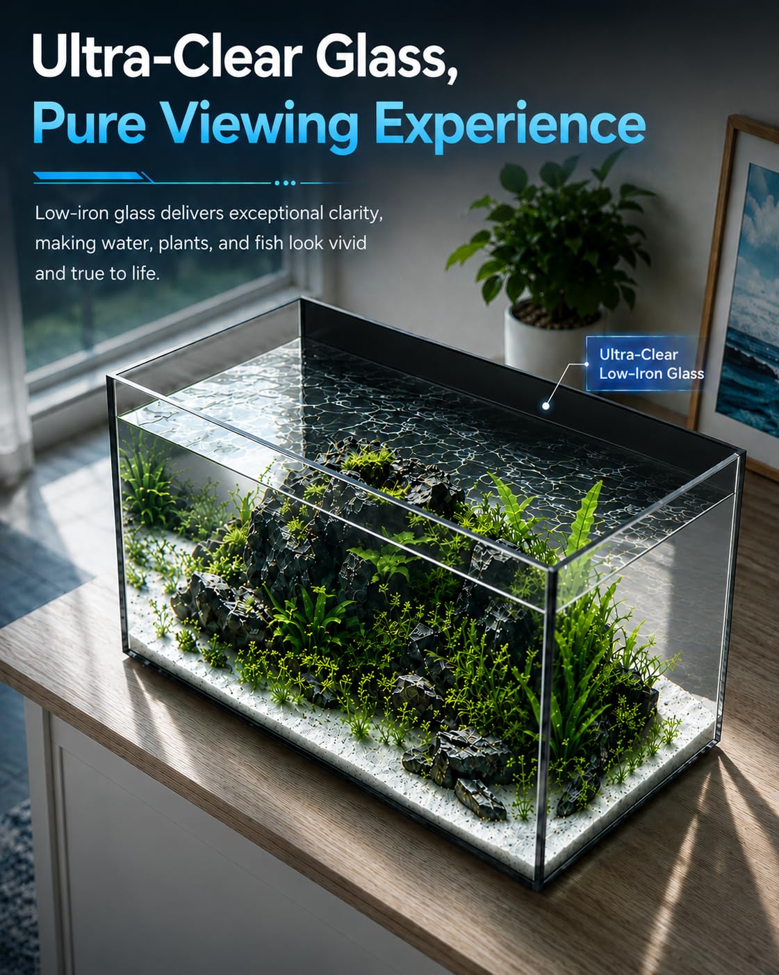 Nano Aquarium 25L, Randloses Glasaquarium mit offenem Rückdeckel, Ultra-Klarglas für Kampffische, Garnelen, Schnecken, Wasserpflanzen & Schreibtisch