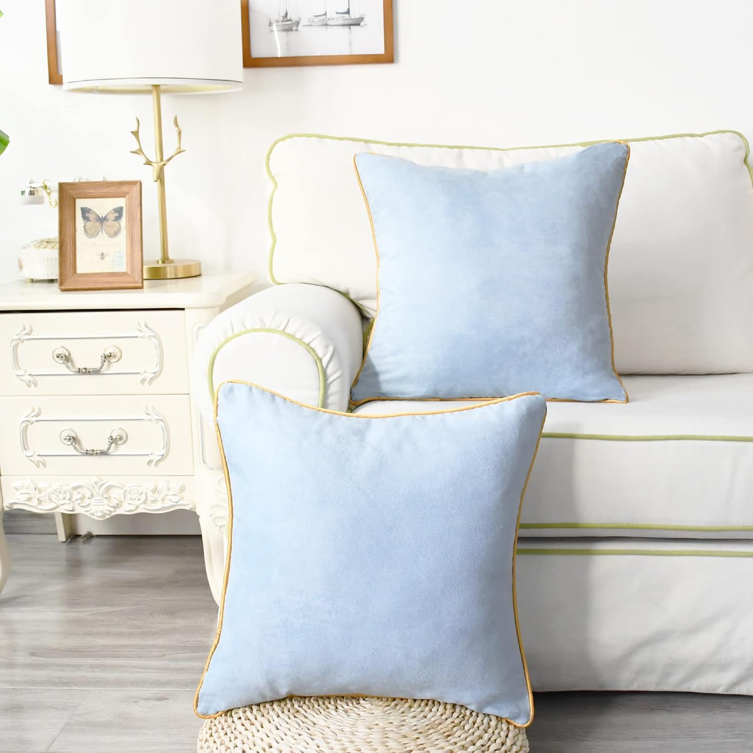 CaliTime Throw Pillow Covers Pack of 2 Super Soft Faux Suede Gold Piping Edge Accent Cushion Cases for Couch Bed Sofa Farmhouse Decorative 20 X 20 Inches Light Blue