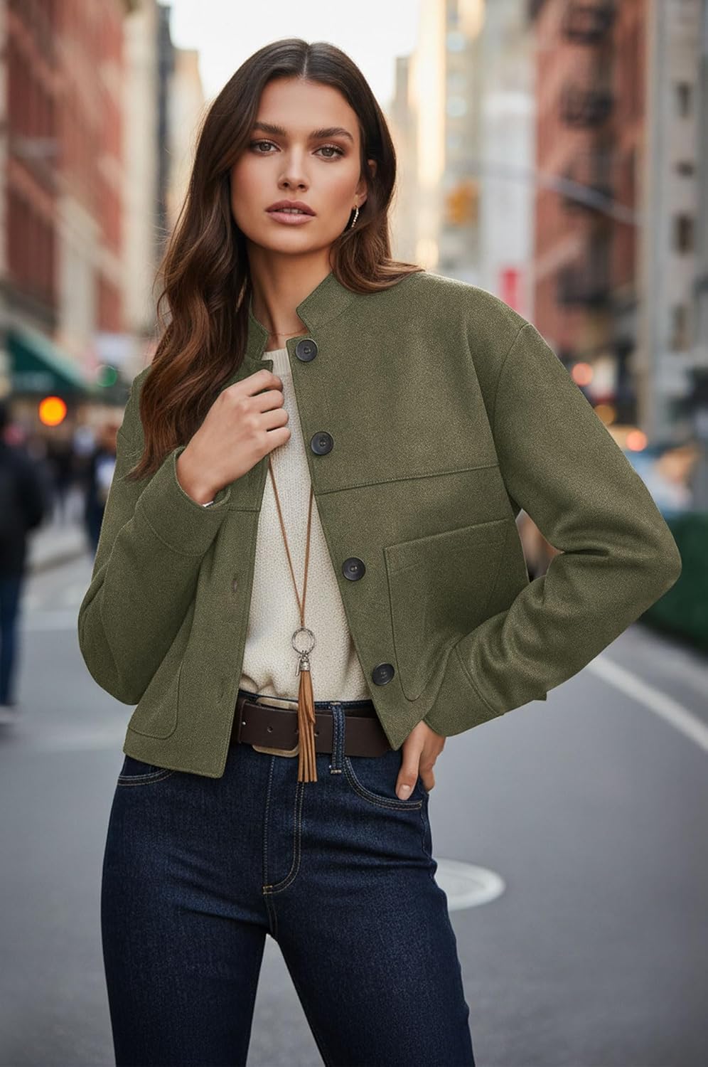 Womens Faux Suede Cropped Jackets Fall Fashion Winter Coats Lightweight Outerwear Oversized Motorcycle Jacket - Image 2