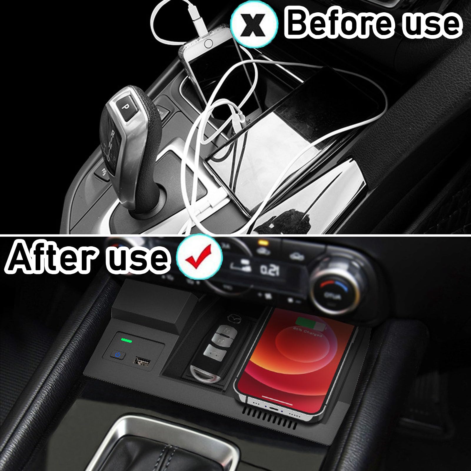 Caricabatterie Wireless per Auto per Tutti i Modelli Cx-5 Accessorio con 15 W Wireless e USB Qc3.0 Ricarica Rapida Regalo per la Famiglia
