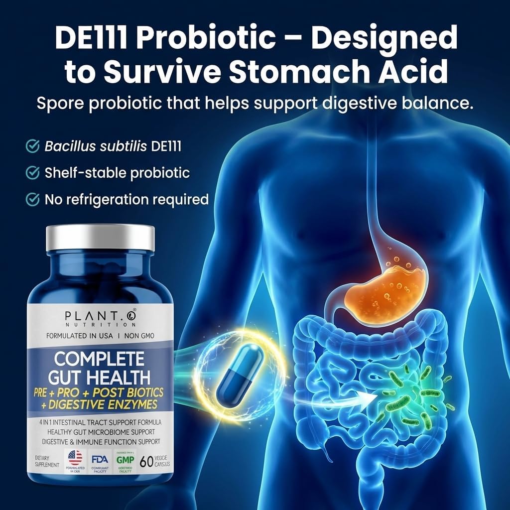 4-in-1 Gut Health Support – Prebiotics + Probiotics + Postbiotics + Digestive Enzymes – DE111 Spore Probiotic for Digestive Support & Bloating – Non-GMO, Made in USA – 60 Veggie Capsules