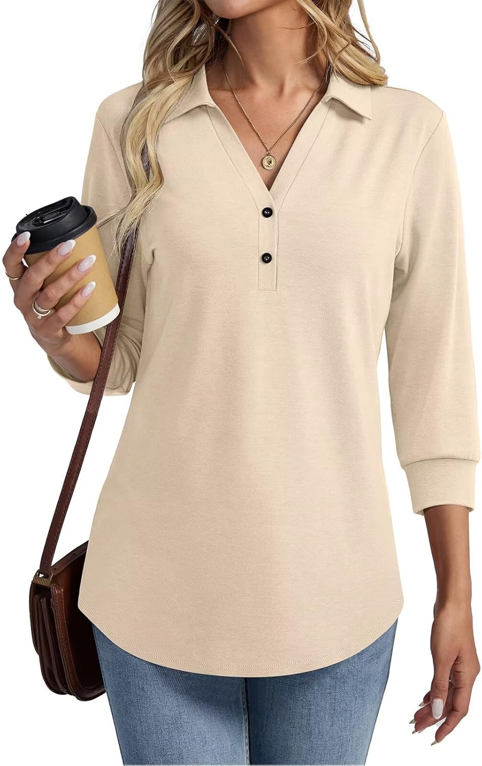 TICTICMISS Women's V Neck Polo Shirts 3/4 Length Sleeve Tops Collared Business Casual Summer Blouses