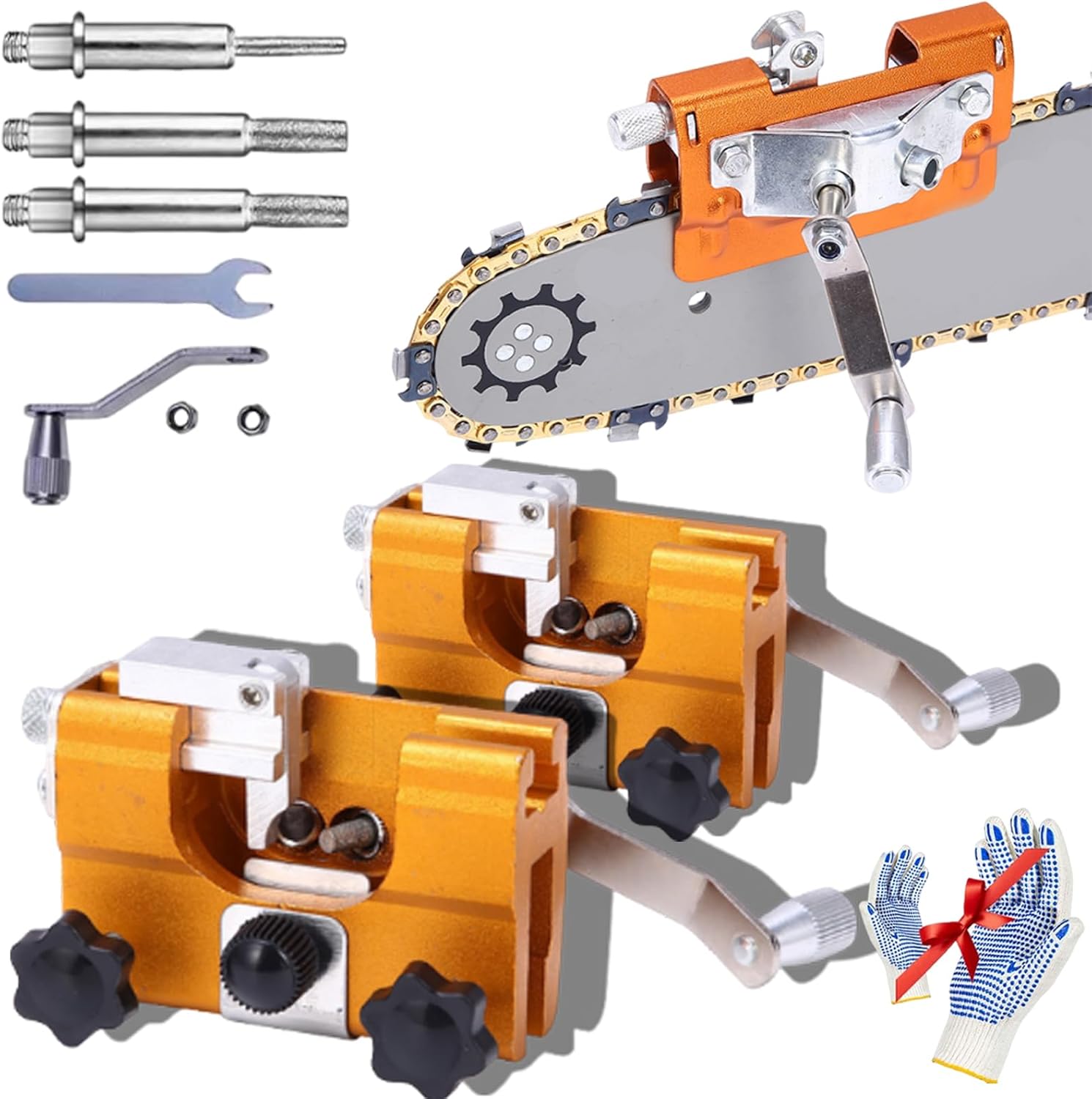 Universal Chainsaw Sharpener Jig Kit, Portable Hand Crank Chain Saw Sharpening Tool for Gas and Electric Saws, Fast and Accurate Sharpening with Sharpening Rods (Small+Large-Yellow)