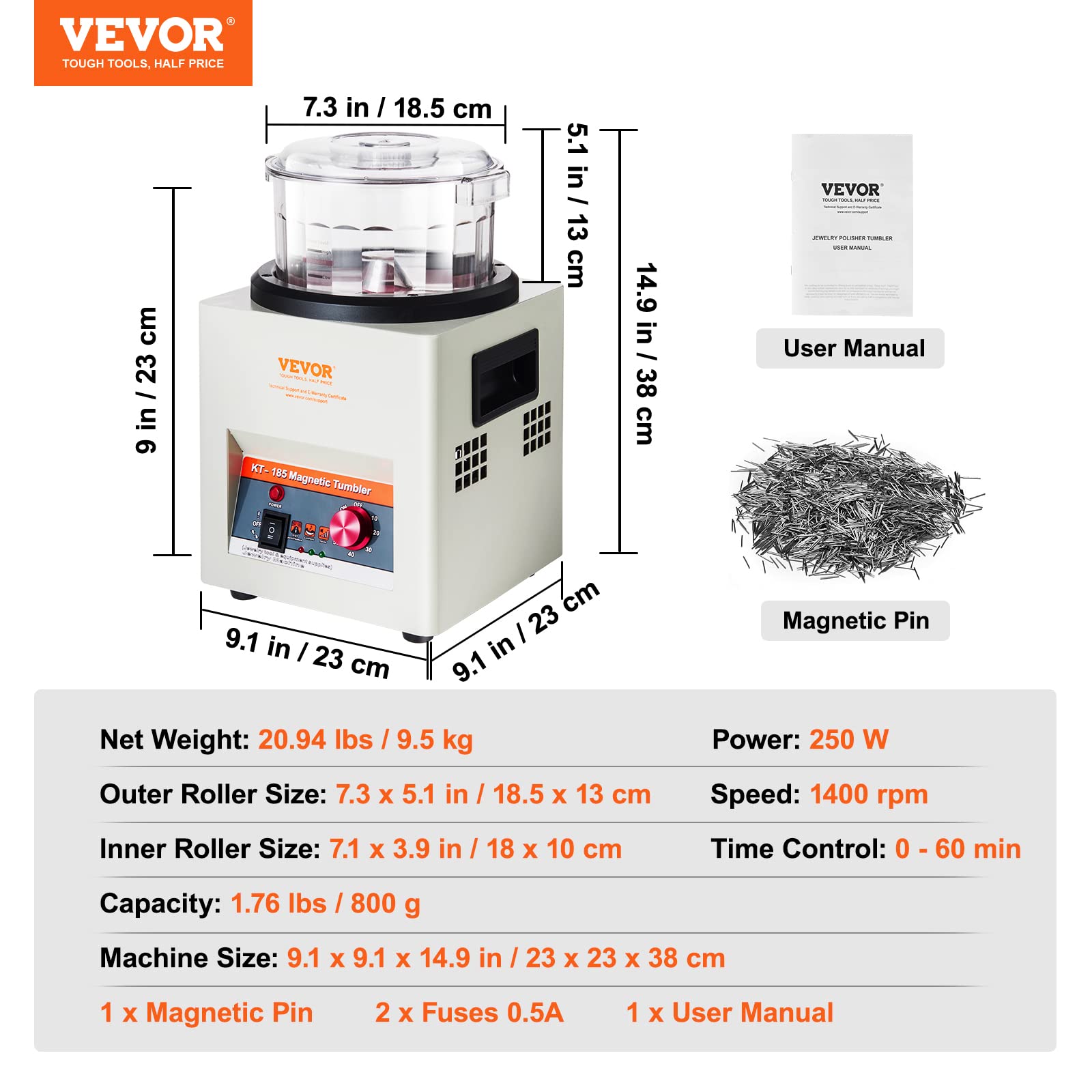 VEVOR Magnetische Schmuckpoliermaschine 800g Rotation Schmuckpoliermaschine Professionelle Rotation Trommelpoliermaschine mit Bidirektionale Rotation 2000 U/min für Schmuck