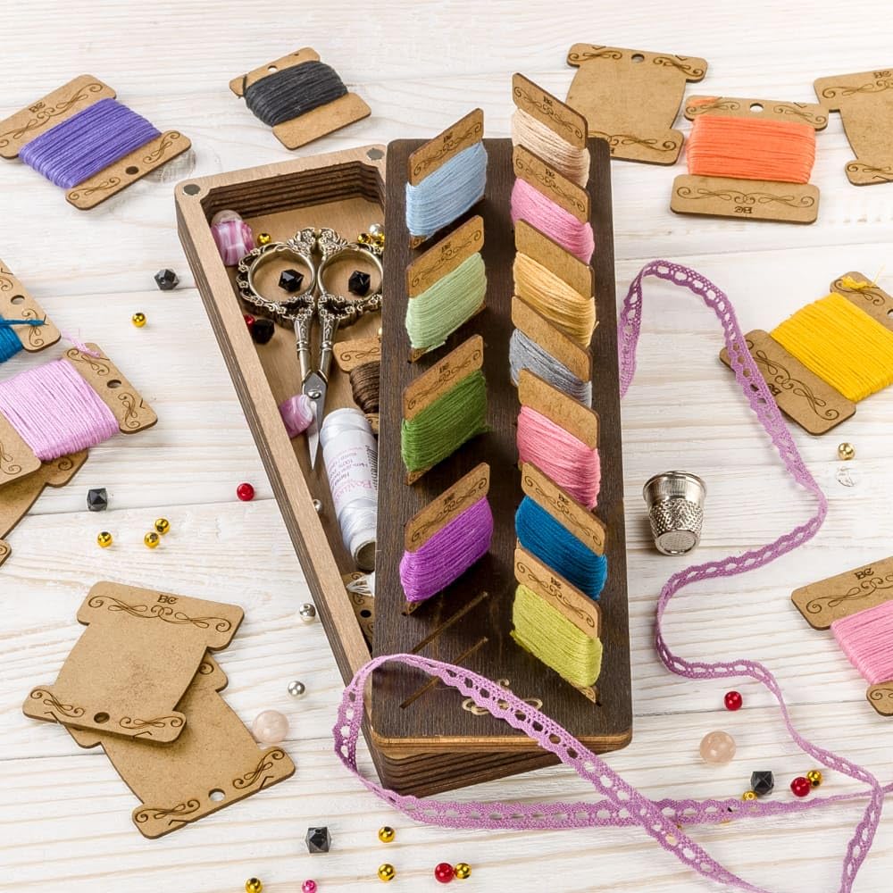 Embroidery Thread Organizer Set 28 Pcs, Wooden Organizer Box with Floss Bobbins, Cross Stitch Organizer Box