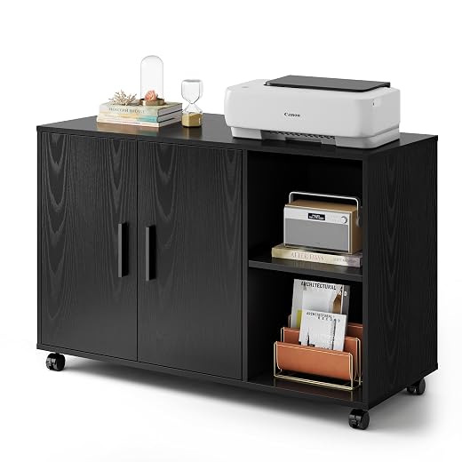 DEVAISE Office Storage Cabinet with Doors and Shelves, Lateral Printer Cabinet for Office Supplies and File Storage, Filing Cabinet for Home Office, Black