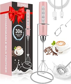 YUSWKO Handheld Milk Frother Wand for Coffee, Rechargeable Electric Whisk with 3 Heads 3 Speeds Drink Mixer Coffee Frother For Latte, Cappuccino, Hot Chocolate, Egg, Pink with Holder
