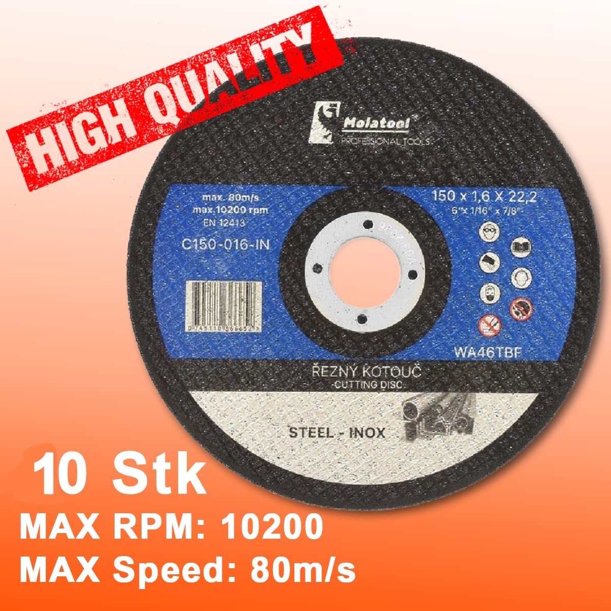 Disque A Tronconner 125 Metal Molatool Lot De 10 Disques à Tronçonner Professionnels De Qualité Supérieure Pour Métal, Acier, Acier Inoxydable/ Inox 150 X 1,2 X 22,2 Mm, Lot Avantageux De 10 Disques