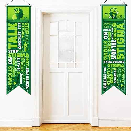 Blulu 2 piezas de decoraciones de concientización sobre la salud mental, pancarta de concientización de cinta verde para porche, terapeuta, salud