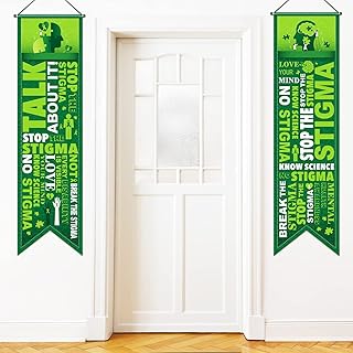 Blulu 2 Pcs Mental Health Awareness Decorations Green Ribbon Awareness Banner Porch Sign Therapist Mental Health Courage Faith Door Banners for Indoor Outdoor Classroom Wall Supplies, 12 x 47 Inch