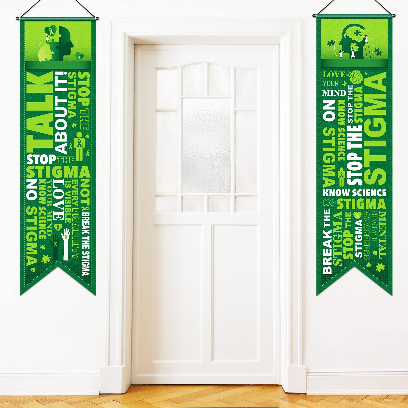 Blulu 2 Pcs Mental Health Awareness Decorations Green Ribbon Awareness Banner Porch Sign Therapist Mental Health Courage Faith Door Banners for Indoor Outdoor Classroom Wall Supplies, 12 x 47 Inch