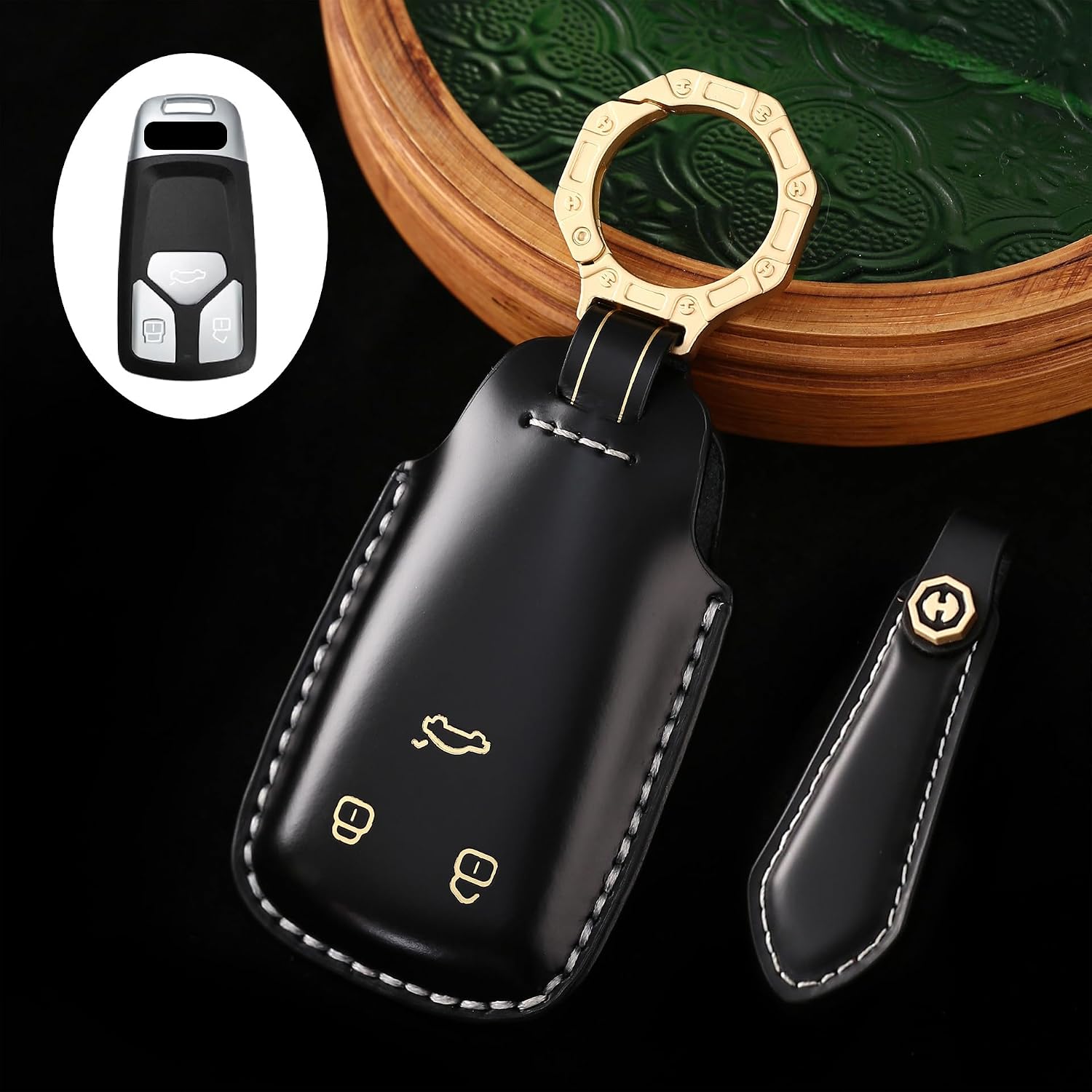 SANRILY Genuine Leather Handmade Key Fob Cover Fit for Audi Q5 2024 2021 A5 2022 A4 Q7 TT A3 A6 SQ5 R8 S5 Keyless Luxury Key Case with Keychain Black, Gifts for men & women