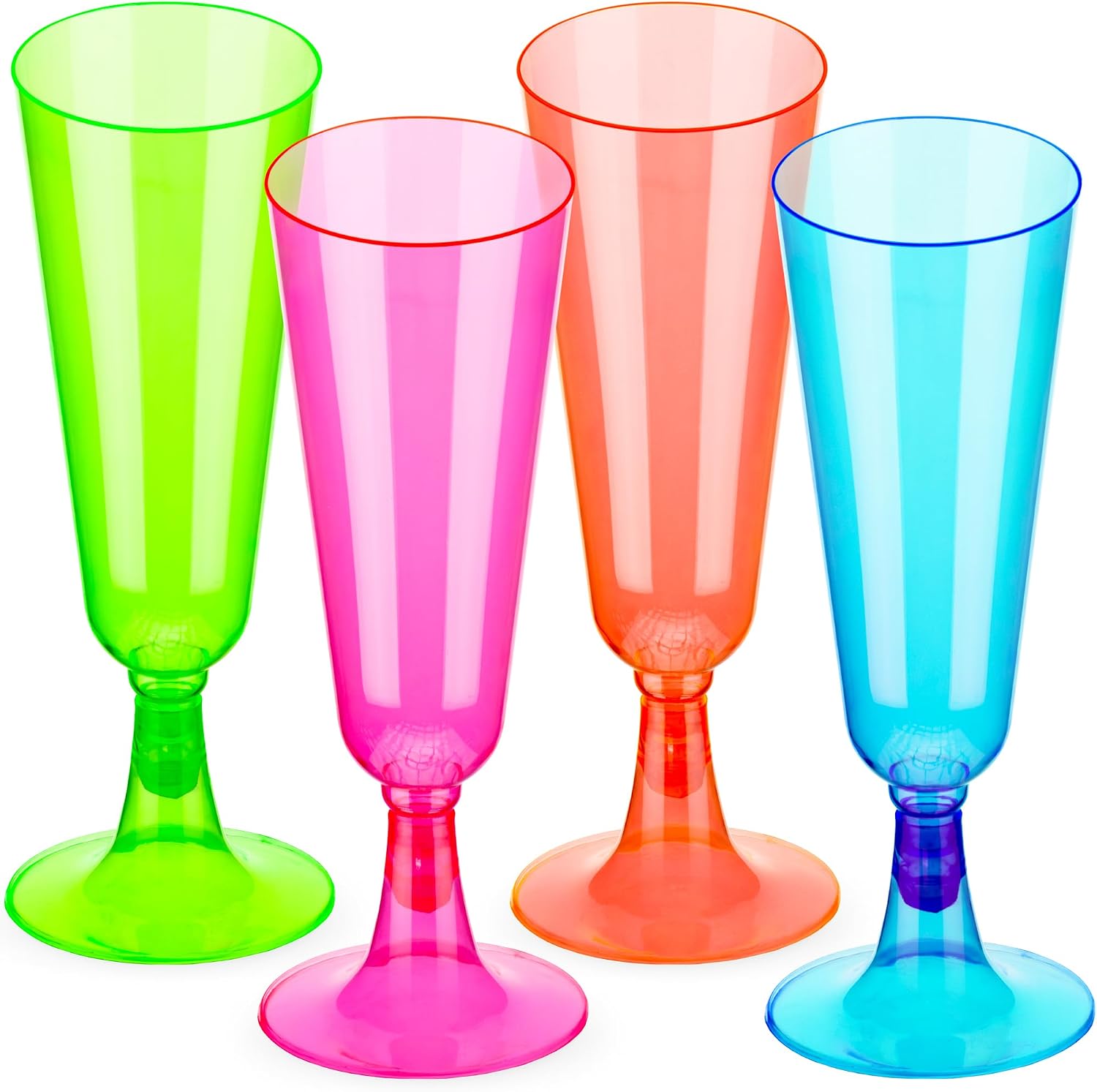 DecorRack 48 Neon Champagne Flute, Disposable Plastic Wine Glasses, Perfect for Outdoor Parties, Weddings, Picnics, Shatterproof Champagne Glasses, Stackable Stemmed Flutes (Pack of 48)