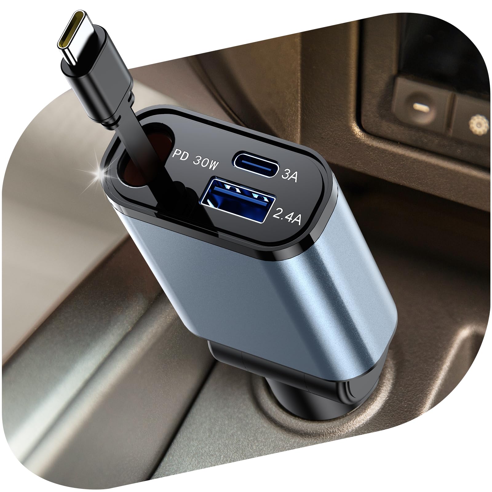 Ładowarka samochodowa USB C z kablem PD 30 W typu C, podwójny port zapalniczki samochodowej adapter 15 W USB-C + 12 W USB, 180° Flip kompaktowa ładowarka samochodowa 12 V/24 V do smartfonów i tabletów