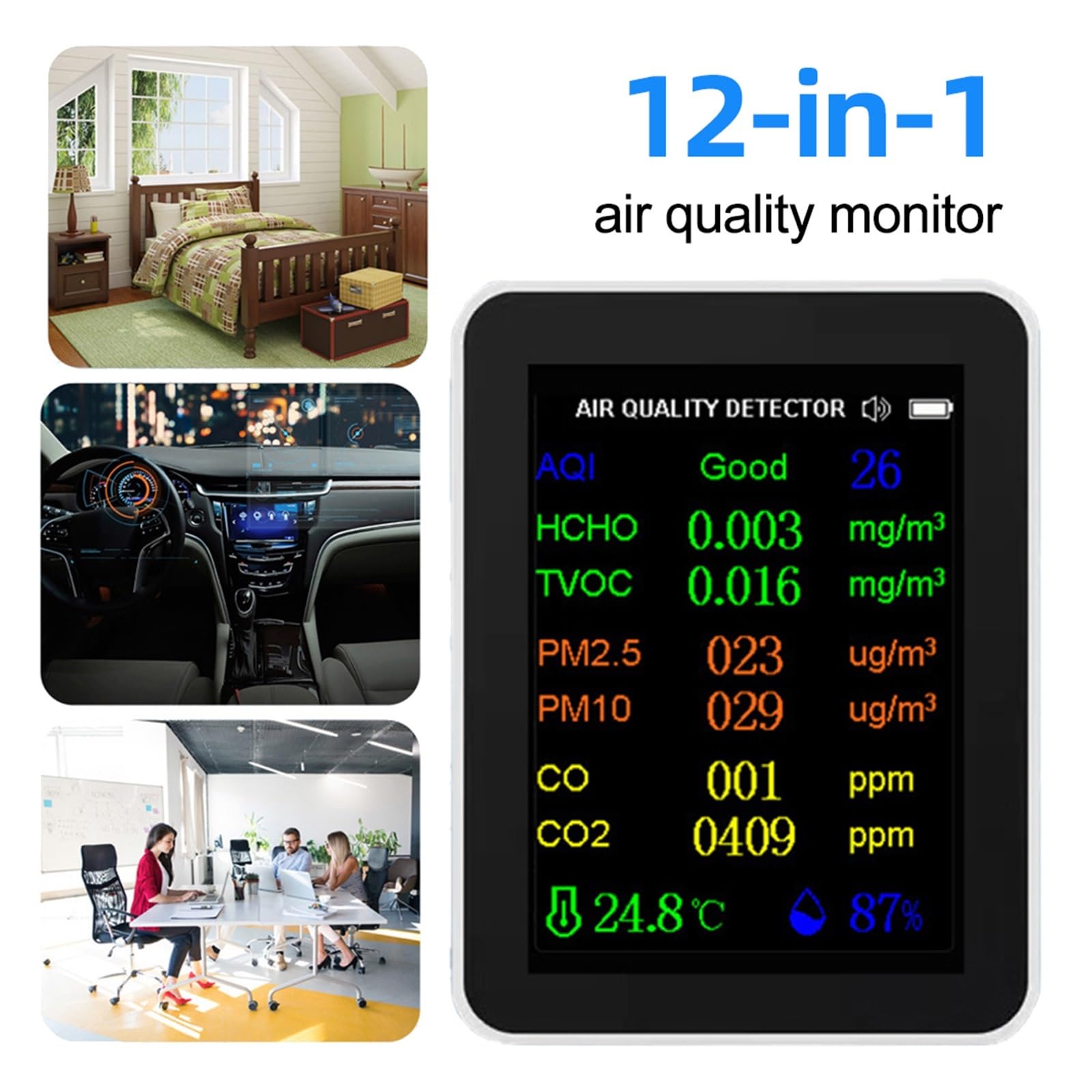 Monitor jakości powietrza Monitor jakości powietrza 12 w 1 przenośny Monitor CO2 kolorowy ekran detektor dwutlenku węgla z wyświetlaczem czasu/daty do użytku w pomieszczeniach(White 12 In 1)