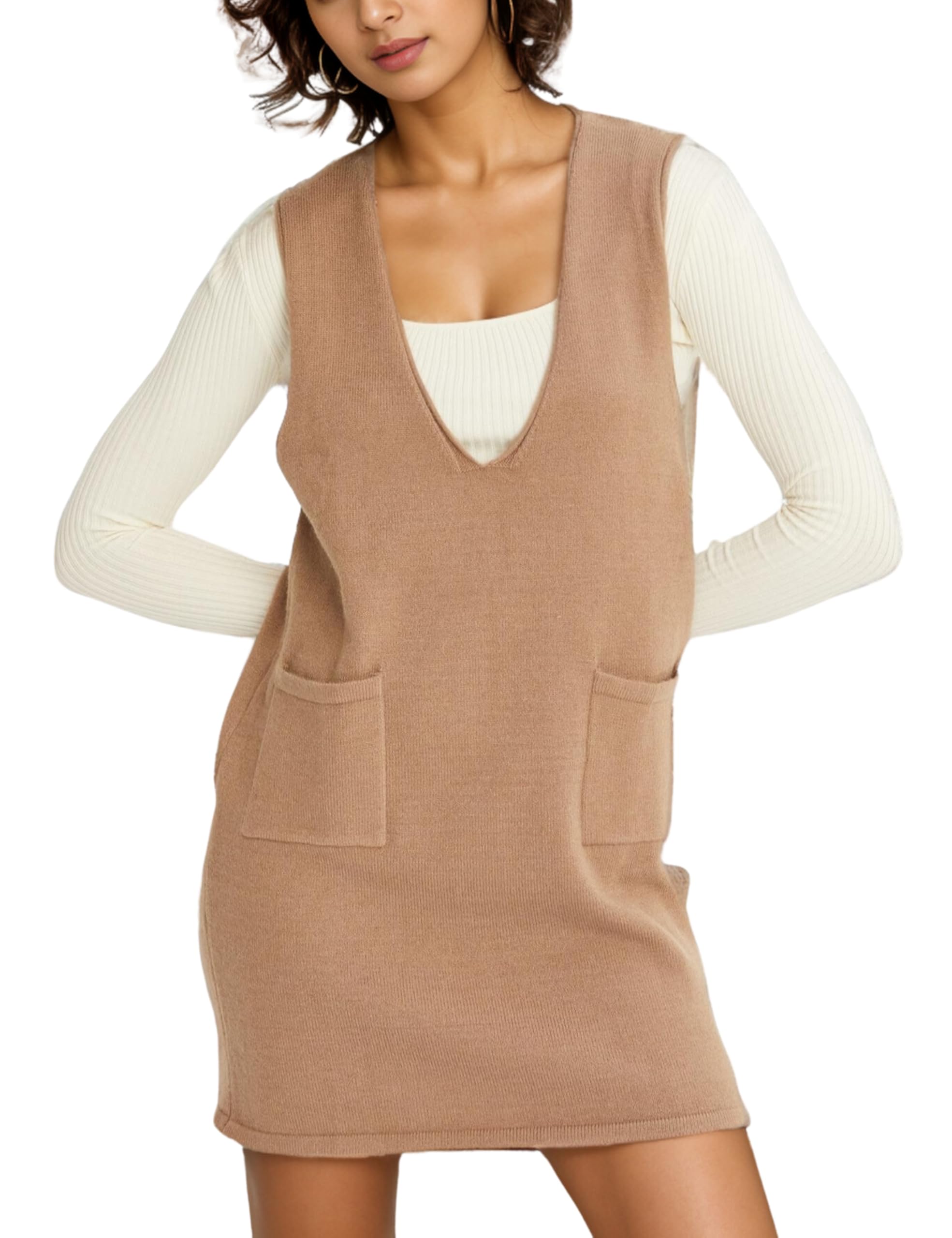 Womens Sweater Vest Dress V Neck Sleeveless Knit Pullover Pinafore Mini Dress with Pockets