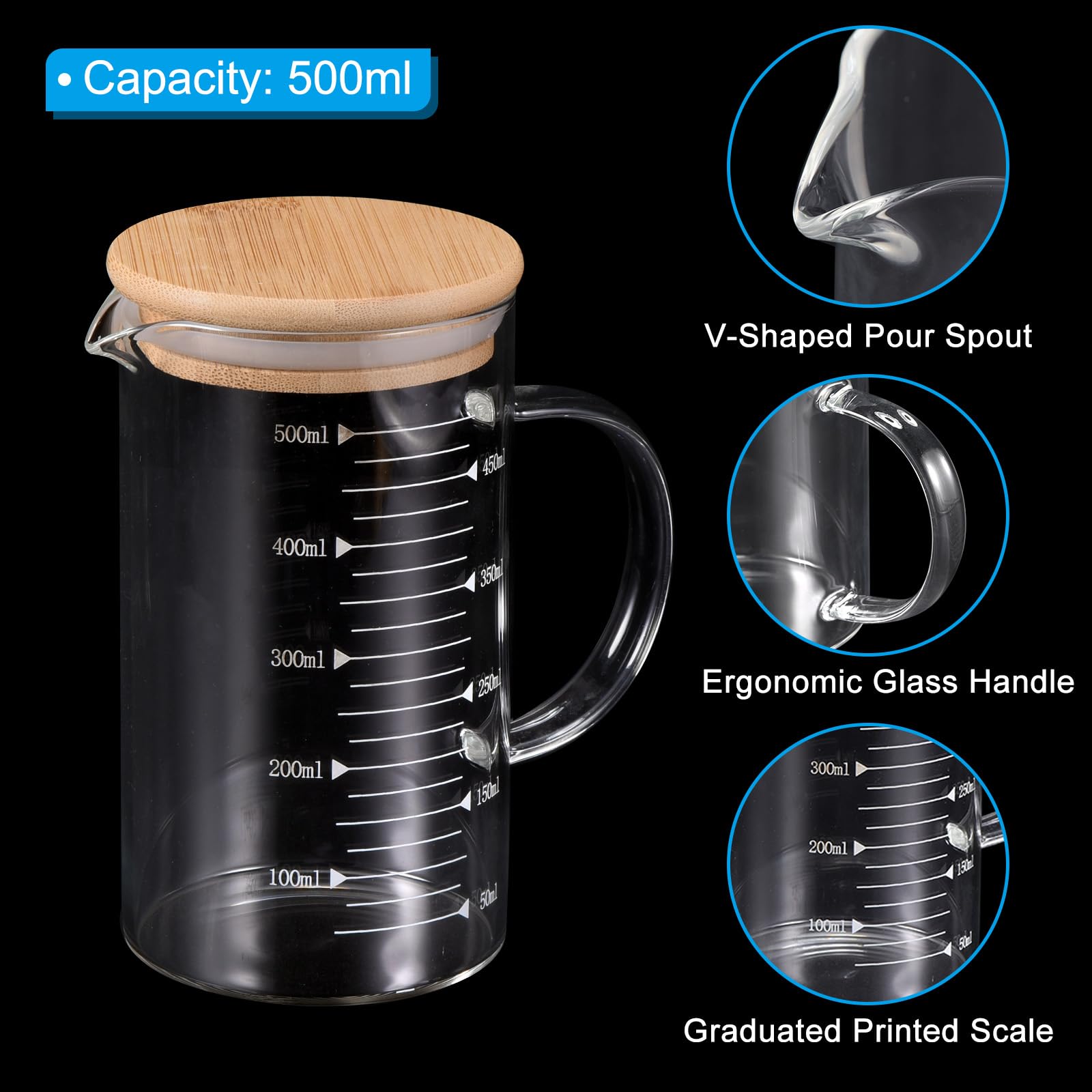 PATIKIL Vaso Medidor de Vidrio de 500ml, Pack de 2 Tazas Medidoras de Vidrio Borosilicato 3.3 con Escala Impresa Blanca Graduada para Medir Líquidos con Tapa de Madera y Pico en V