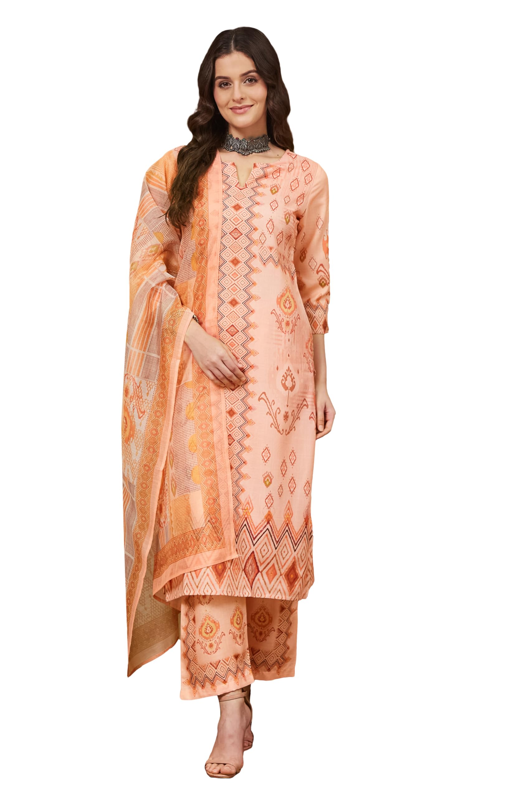 janasya Women's Peach Cotton Blend Geometric Printed Pakistani Straight Kurta Set-picture-13