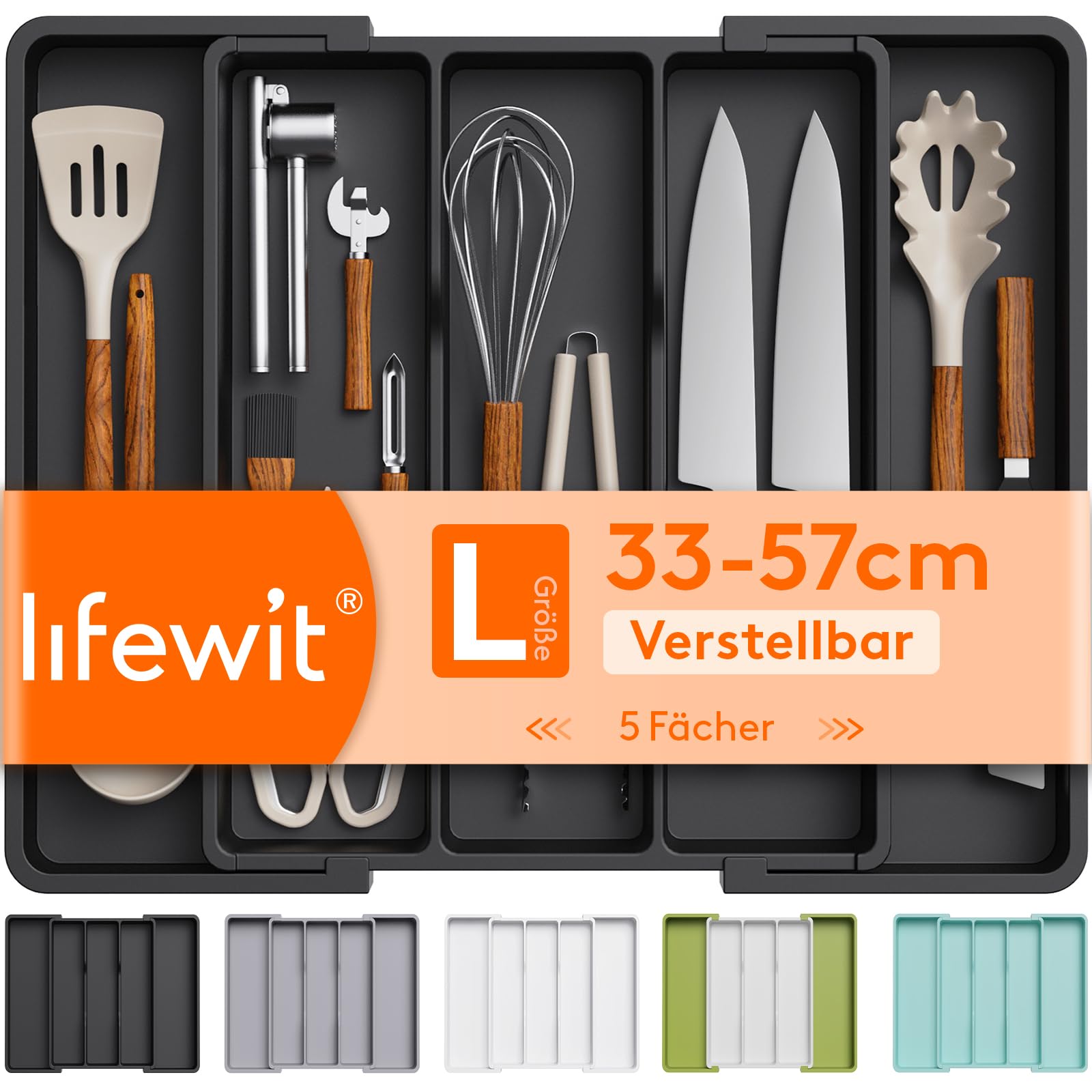 Lifewit Besteckkasten für Schubladen, Großer Utensilienständer Erweiterbar auf 57 cm, verstellbarer Kunststoff Organizer Küche Tiefe 38 cm, Besteckeinsatz für Messer/Gabel, Schwarz